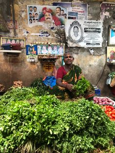 a man sitting in front of a pile of vegetables