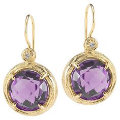 14 Karat Yellow Gold Hand-Crafted Polish-Finished and Textured Drop Earrings, Centered with a Semi-Precious Round Checkerboard Amethyst Color Stone Accented with 0.03 Carats of Bezel Set Diamonds on a French-Hook Closure. Gold Drop Earrings Coulered Stone, Gemstone Round Earrings, Luxury Yellow Gold Earrings With Gemstone Accents, Luxury Polished Round Stone Jewelry, Luxury Amethyst Jewelry With Polished Finish, Luxury Traditional Faceted Jewelry, Luxury Handmade Amethyst Earrings, Luxury Polished Finish Jewelry With Round Stone, Cheap Elegant Faceted Earrings