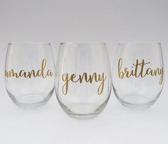 three wine glasses with the words amanda, genny, and bettyay printed on them