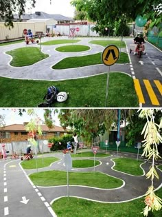 two pictures of children's play area in the backyard, one is empty and the other has grass