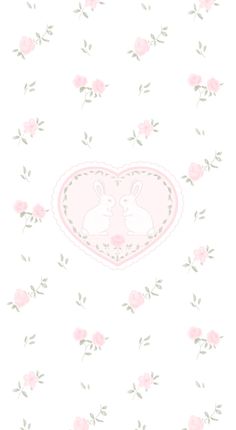 two rabbits in the shape of a heart on a floral background with pink roses and leaves