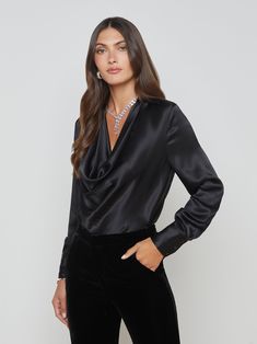 The Lotus is our newest long sleeve silk blouse, constructed with an artfully draped cowl neck in timeless black. • 100% silk charmeuse• Cowl neck with collar• 3-button cuffs• No closures | L'AGENCE Lotus Silk Blouse Top In Black Lotus Silk, Cowl Neck Blouse, Velvet Coat, The Lotus, Silk Charmeuse, Denim Coat, Blouse Top, Silk Blouse, Black Blouse