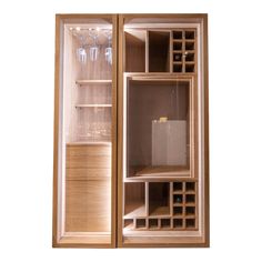 a wooden cabinet with wine glasses in it