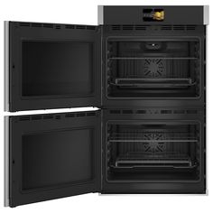 two black ovens side by side with the doors open and one door opened to show it's inner workings