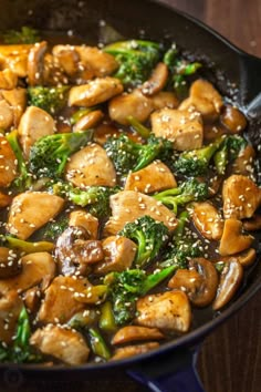 chicken and broccoli stir fry in a skillet