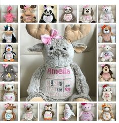 Stuffed animals are adorable and when personalized they become a perfect and unique gift/keepsake for any occasion. Smiles guaranteed!  You can find other stuffie options and other gift ideas at nameablegifts.ca   Custom message teddy bear. Customize it with new baby information (great for birth announcement photos), name (it could be decorated with small hearts, stars, flowers, and ribbon); and messages (like I love you to the moon and back, this monkey belongs to, or anything else you can imagine).     A unique and special gift for any occasion like a baby shower, new baby, any age birthday, wedding proposal, prom, flower girl, ring bearer, adoption, baptism, first communion... The ribbon is complimentary and it will match one of the thread color stitched.  I cannot guarantee that you wi Newborn Personalized Gifts, Birth Announcement Photos, Personalized Stuffed Animals, Announcement Photos, Baby Information, Like I Love You, Birth Stats, Personalized Baby Gifts