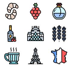 different types of food and drink icons on a white background, such as wine, teapot, cake, ice cream