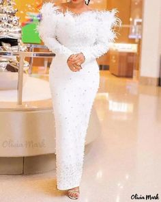 Olivia Mark - Elegant Beaded Feather Bodice Dress with Pearl Accents Column Wedding Dress, Embellished Jumpsuit, Beaded Party Dress, Off Shoulder Evening Dress, Dress Women Elegant, فستان سهرة, Feather Dress, African Dresses For Women, Little White Dresses