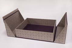 an open cardboard box on a white surface with purple lining and two sections in the middle