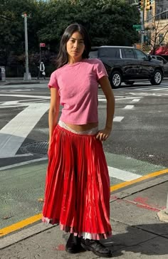 Raspberry Outfit, Pink Maxi Skirt Outfit, Red Pink Outfit, Red And Pink Outfit, Pink And Red Outfit, Michelle Li, Springtime Outfits, Pink Top Outfit, Nyc Streetwear