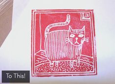 a drawing of a cat sitting on top of a white table next to a red wall