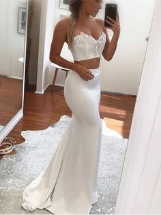 White Mermaid Prom Dress, White Prom Dress Mermaid, Dress Applique, White Two Piece, Dresses Satin, White Mermaid, Mermaid Prom Dress, White Evening Dress, Gowns Prom