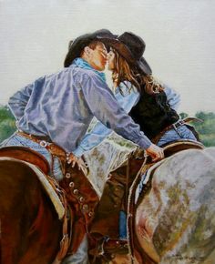 a painting of a man and woman riding on the back of brown horses with their backs to each other