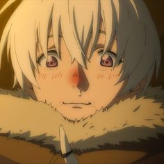 an anime character with white hair and blue eyes wearing a fur collar, looking at the camera