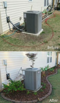 before and after photos of an air conditioner in front of a house with grass