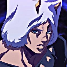 an anime character with white hair and blue eyes looking at the camera while wearing a horned headdress