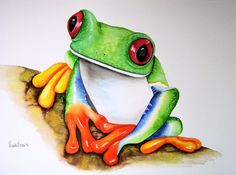 a painting of a frog with red eyes sitting on a branch