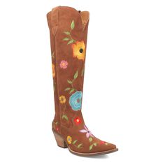 This flower embroidered boot is sure to make a statement. The Dingo Flower Power cowboy boots in brown feature multicolored flower and vines crafted with exquisite quality and style, these boots are sure to make an impression. Preorder now! *Read to bottom please* This boot features: suede leather foot, 18 inch height, cushion insole, snip toe and tall heel. Calf circumference measures 12 inches around. These boots are shipped directly to you from the manufacturer. Please allow 7-10 business day Dingo Boots, Turquoise Decor, Embroidered Boots, Tall Fashion, How To Hem Pants, Brown Brown, Waterproof Jewelry, Wedge Heel Sandals, Fashion Heels