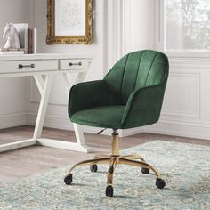 a green office chair sitting on top of a rug in front of a white desk