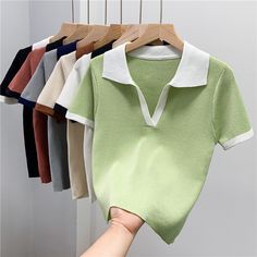 T Shirts Party Ropa De Mujer Y2k Tops Harajuku Women Polo Fashion Clothing Knitted Streetwear Summer College Tops Women, Knitted Streetwear, Chocolate Pizza, Polo Shirt Outfits, Polo Fashion, Modest Casual Outfits, Basic Crop Top, Harajuku Women, Fashion Top Outfits