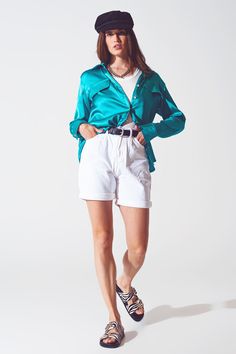 Subcategory: Blouse. Collar: Wide collar neckline. Sleeves: Long Sleeves. Fit: Relaxed fit. Style: Party. Detail: Button cuffs. Fabric: Satin . Pockets: Chest pockets. Zipper: Button placket. runs true to size. S. 55% Rayon 43% Viscose 2% Spandex Green Satin Summer Tops, Green Satin Tops For Summer, Green Satin Top For Summer, Green Satin V-neck Top, Chic Turquoise Spring Tops, Chic Turquoise Tops, Trendy Satin Blouse For Spring, Casual Green Satin Top, Casual Satin Shirt For Spring