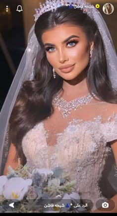 a woman in a wedding dress and veil with flowers on her head is looking at the camera