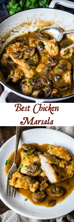 two pictures of chicken marsala with mushrooms and gravy