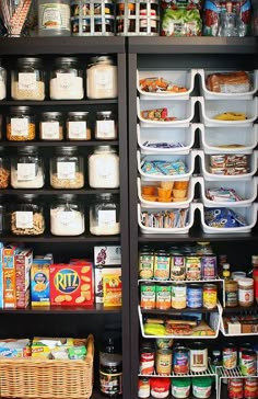 an organized pantry filled with lots of food