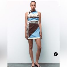 Zara Striped Poplin Dress Size Xxl And Small Available Nwt Mini Dress With Tied Asymmetric Halter Neck. Open Back. Contrasting Interior Lining. Side Hidden In-Seam Zip Closure. 100% Cotton Poplin Dress, Zara Dresses, Blue Brown, Zara, Mini Dress, Womens Dresses, Women Shopping, Blue, Color