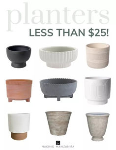 the cover of planters less than $ 25 is shown in different colors and sizes