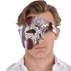 Bring some creep factor to your disco party look with this half face mask. Covered in mirrored tiles the phantom-shaped accessory covers one eye and half of your face. The glittering disco ball surface is splattered with red and black blood. pbMirrored Death By Disco Half Mask product details:-b-p ul liElastic strap-li li95% plastic and 5% spandex-li liDoes not include shirt-li liOne size fits most teens and adults-li -ul Mirrored Tile, Blood Splatter, Scary Mask, Half Mask, Half Face Mask, Half Face, Disco Party, Disco Ball, Party Looks