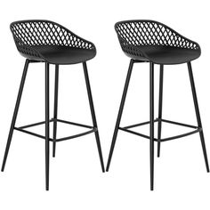 two black bar stools sitting next to each other on top of a white background