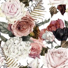 watercolor roses and ferns on white background seamless floral wallpaper pattern with flowers