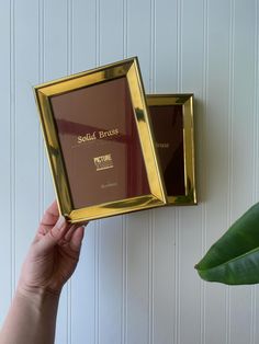 a person holding up a gold framed photo in front of a wall with a plant