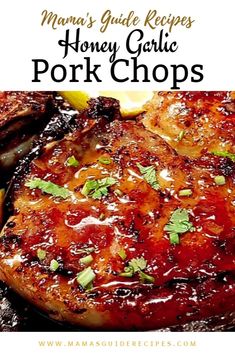 honey garlic pork chops recipe on a plate with lemon wedges and parsley