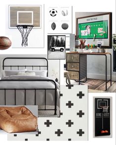 a collage of sports themed items including a bed, basketball hoop and wall hangings