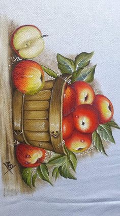 a painting of apples in a basket with leaves