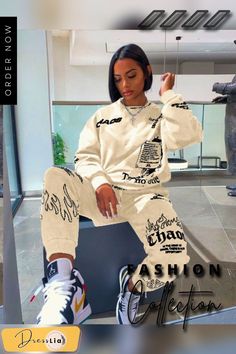 Letter Graffiti Printed Sweatshirt+joggers Pants Matching Set Sweatsuit Outfits Women, Tracksuit Outfit Women, Sweatsuit Outfits, Sweats Outfit, Doll Room, Tracksuit Outfit, Streetwear Shoes, Joggers Pants, Graffiti Prints