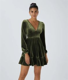 Discover Women’s Everyday Deep V Neck Long Sleeve Ruffled Hem Velvet Mini Chill Party Dress at Halara, Crowd-Approved Affordable Choices Made For What Moves You. Sleeved Velvet Dress, Flounce Skirt, Green Style, Elegant Dresses For Women, Flare Mini Dress, Ruffle Hem Dress, Vestido Casual, Long Sleeve Mini, Look Plus