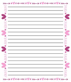 a pink and white lined paper with hearts on the border, in front of an arrow design