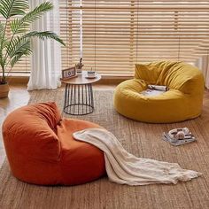 a living room with two bean bag chairs