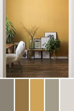 a living room with yellow walls and wood flooring is shown in this color scheme