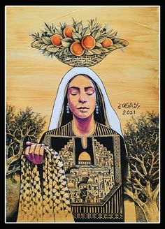 a painting of a woman with fruit on her head and an orange tree in the background