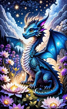 a blue dragon sitting on top of a lush green field filled with purple and white flowers