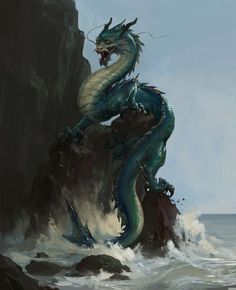 a blue dragon sitting on top of a rock next to the ocean in front of a cliff