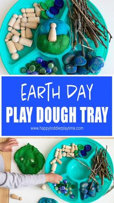 an earth day play dough tray with rocks and plants on it, and the words earth day