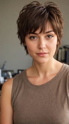 Layered Haircut With Side Bangs, Pixie Shag Haircut, Pixie Shag, Short Hair Inspiration, Short Shaggy Haircuts, Short Shag Haircuts, Chic Short Hair, Swept Bangs