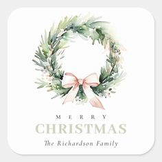 merry christmas from the richmond family square sticker with watercolor wreath and pink ribbon