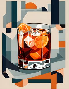 a painting of an orange drink with ice and sliced oranges on the rim in front of geometric background