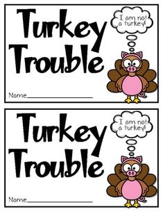 two turkey trouble cards with the words turkey trouble and an image of a turkey thought bubble